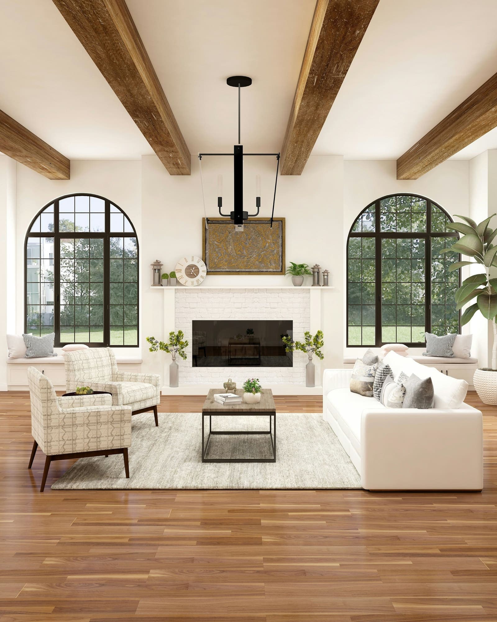 Cathedral living room with exposed wood beams and arched windows.