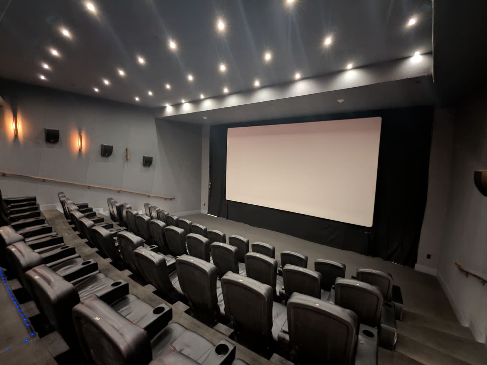 Private home theatre with leather recliner rows and starfield ceiling.